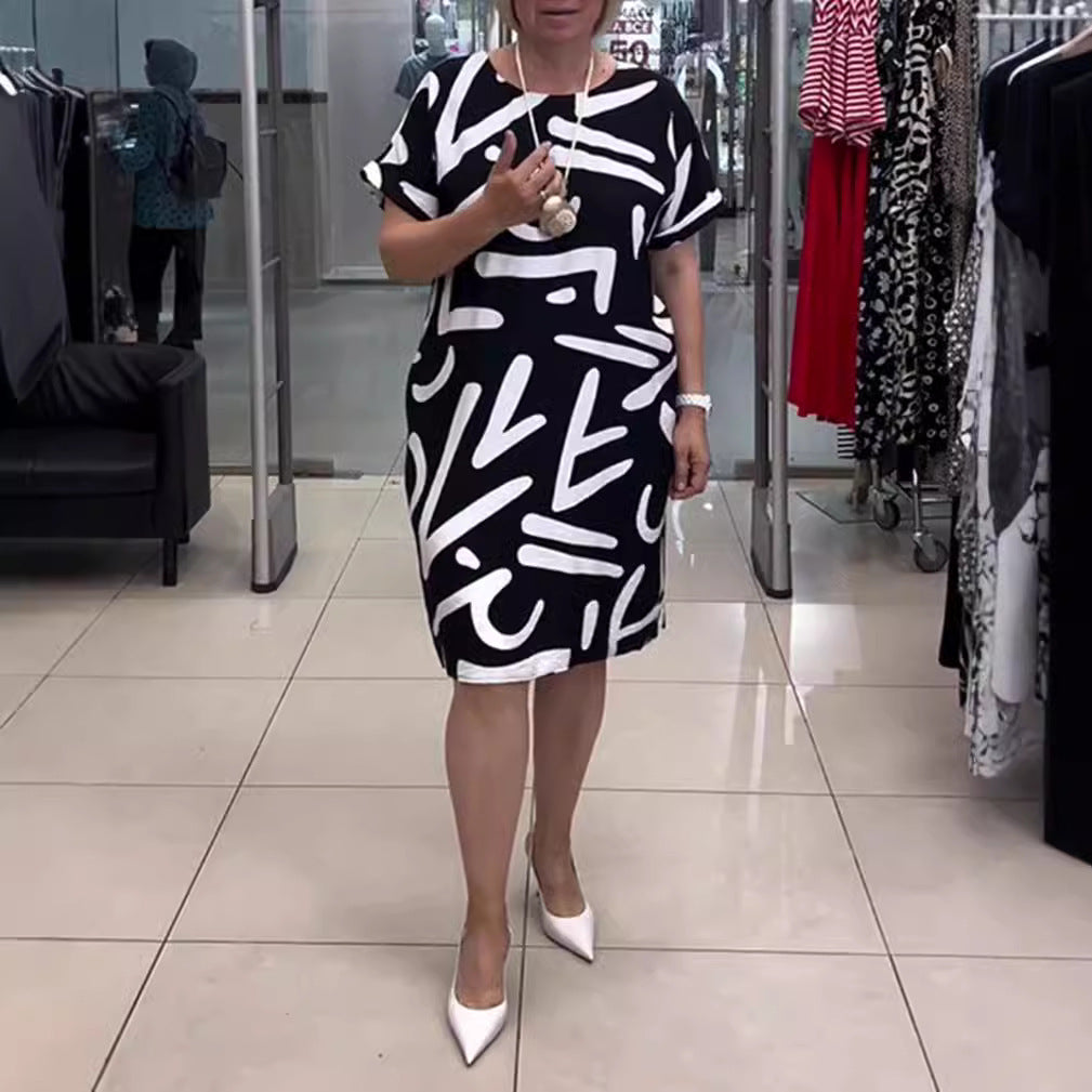 Damen nan knielanges Komfort-Shiftkleid mit großflächigem Pinselstrich-Print und umgeschlagenen Kurzärmeln Drune
