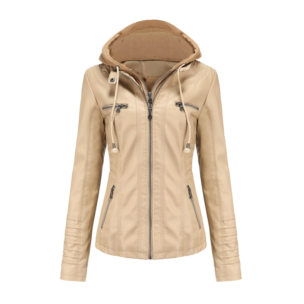 Damen nan taillierte Kunstlederjacke mit Kapuze, gesteppter Armblende und verdeckten Reißverschlusstaschen Drune