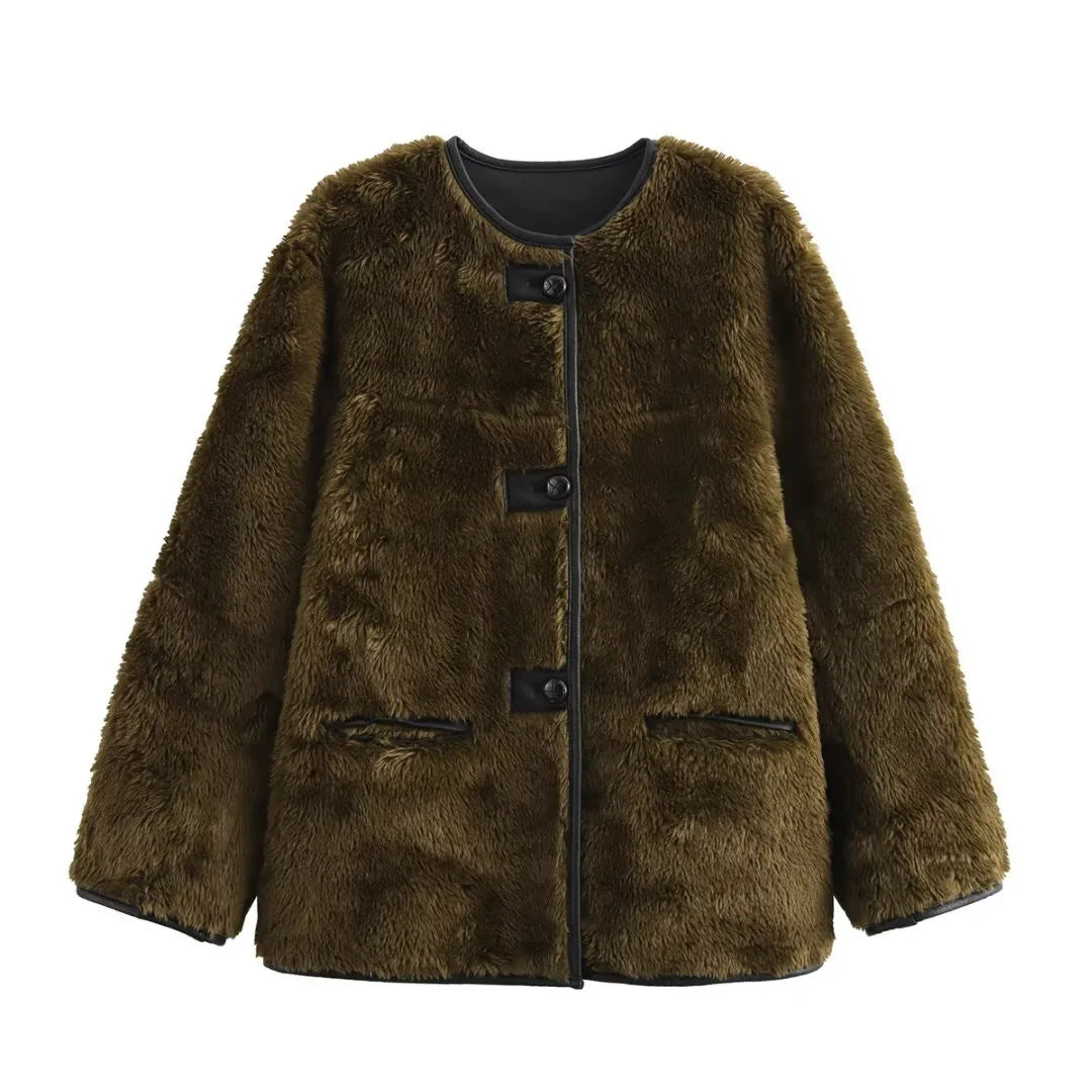 Damen nan kurzer Teddy-Manteljacke im Boxy-Cut mit kontrastpaspeln, Druckknopf- und Zierriegel-Detail Drune