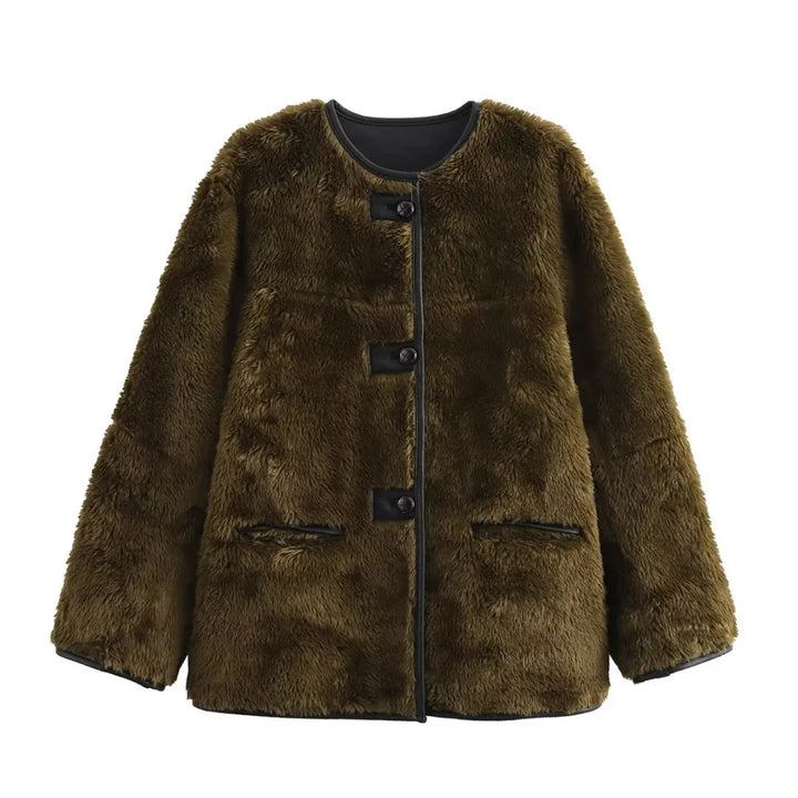 Damen nan kurzer Teddy-Manteljacke im Boxy-Cut mit kontrastpaspeln, Druckknopf- und Zierriegel-Detail Drune