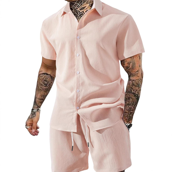 Herren nan Crinkle-Lounge-Set mit offenem Revershemd, integriertem Kurzarm-T-Shirt und Kordel-Bermuda Drune