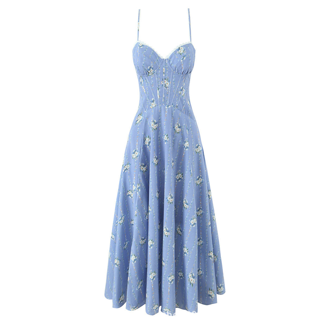Damen Midi-Kleid mit floralem Design und feinen Spaghetti-Trägern Drune