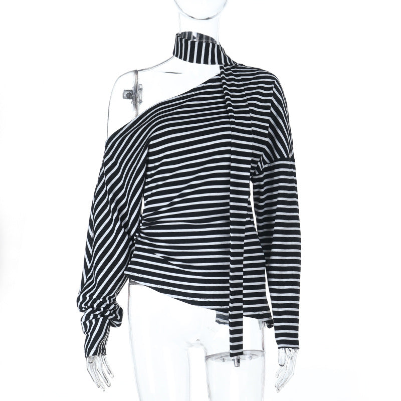 Damen asymmetrisches Streifenoberteil mit schulterfreiem Design und eleganter Schluppe Drune