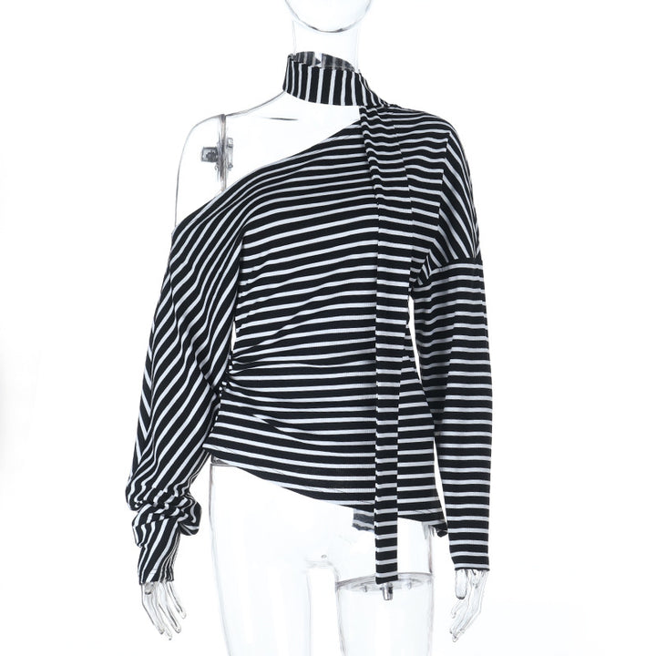 Damen asymmetrisches Streifenoberteil mit schulterfreiem Design und eleganter Schluppe Drune