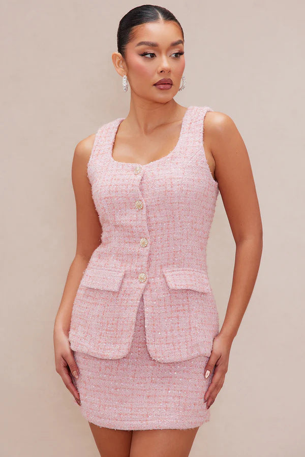 Damen Tweed Mini-Kleid mit zeitlosen Knopfdetails und eleganter Silhouette Drune