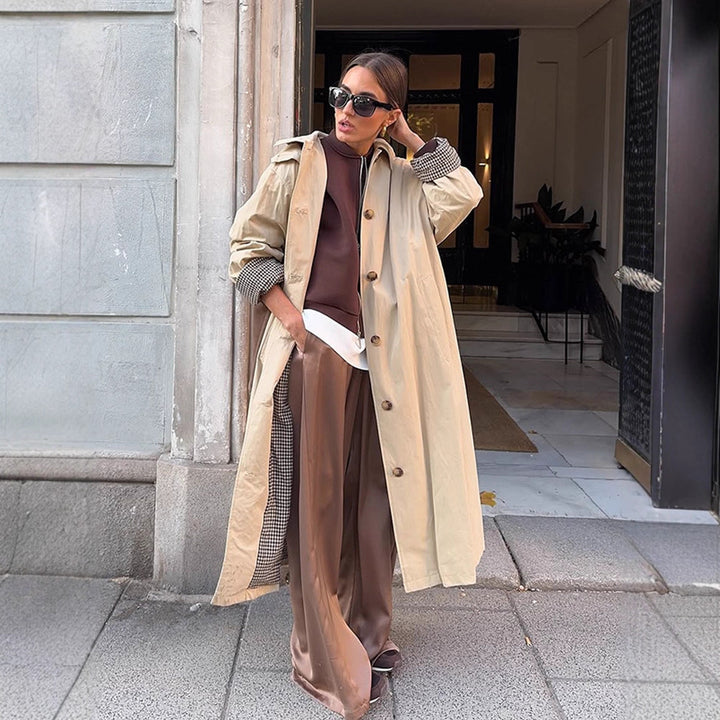 Damen Maxilanger Trenchcoat mit Karofutter, weitem Fall & klassischer Knopfleiste Drune