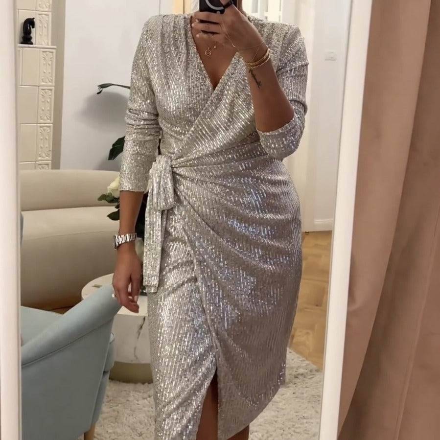 Damen Glamouröses Pailletten-Kleid mit Wickeloptik und langen Ärmeln Drune