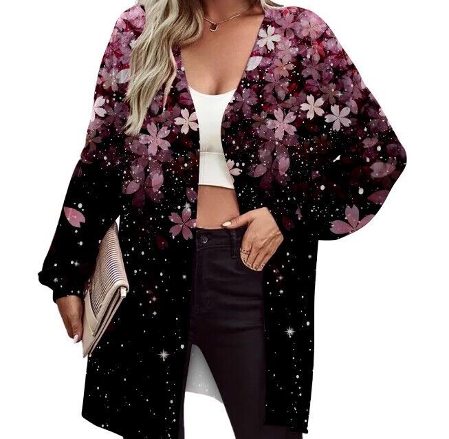 Damen Leichter Offener Longcardigan mit Federmotiv und Oversize-Ärmeln Drune