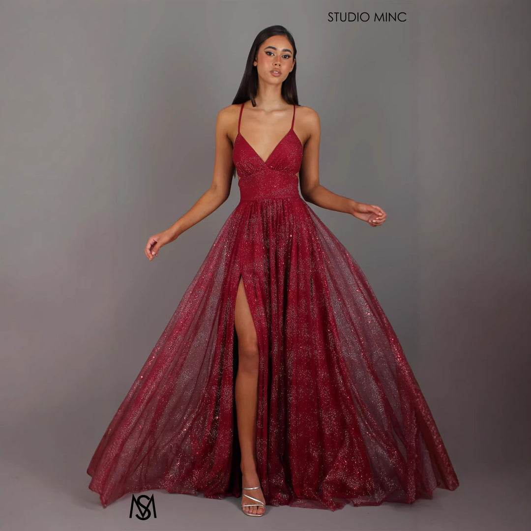 Damen Elegantes Abendkleid mit glamourösem V-Ausschnitt und funkelndem Tüll Drune