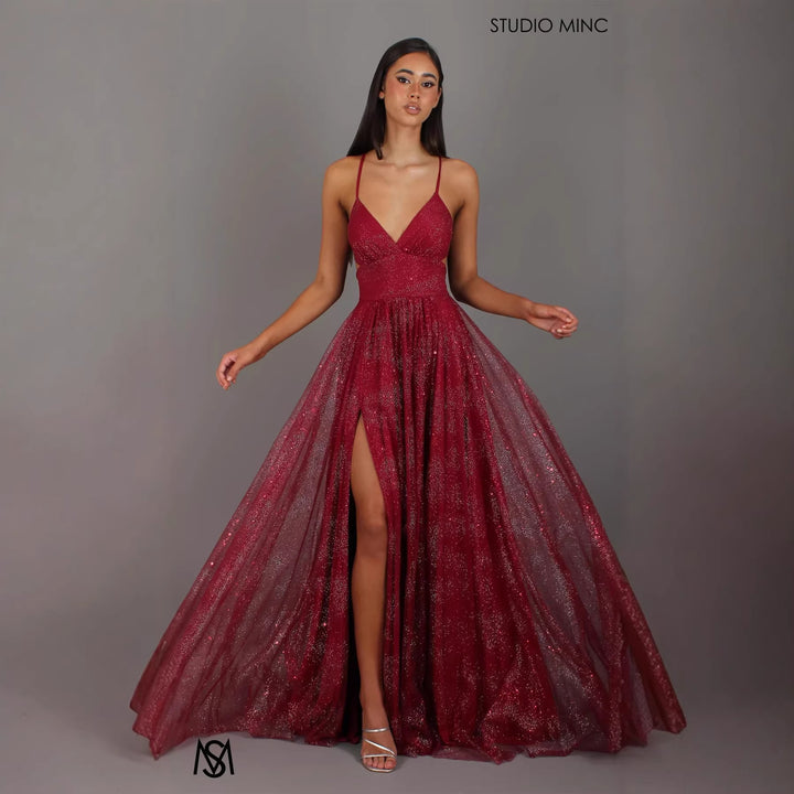 Damen Elegantes Abendkleid mit glamourösem V-Ausschnitt und funkelndem Tüll Drune