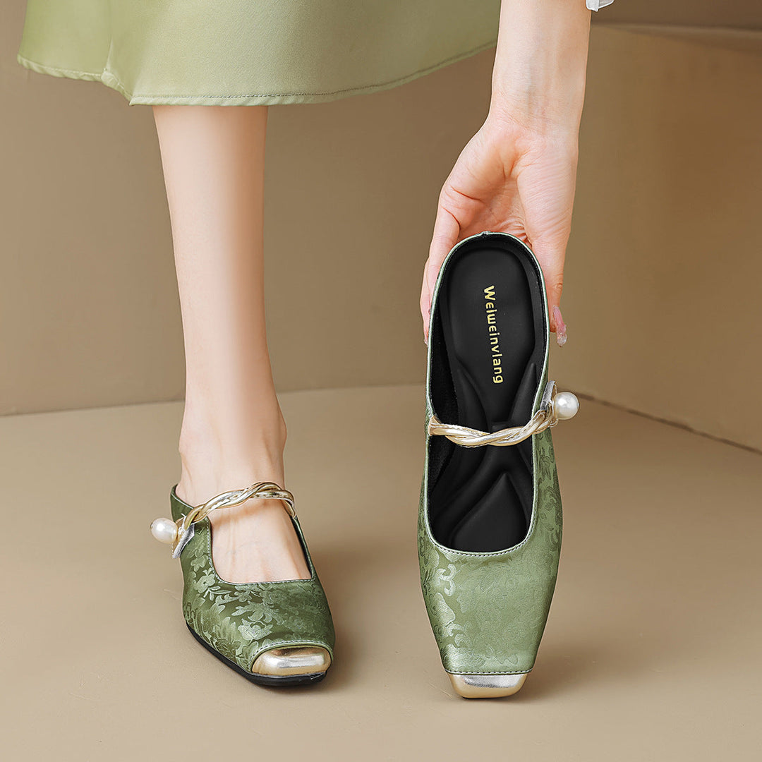 Damen Slingback-Mules mit schimmerndem Stoff und dekorativem Schnallenakzent Drune