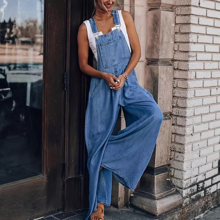 Damen Weite Denim-Latzhose im Palazzo-Schnitt mit verstellbaren Trägern Drune