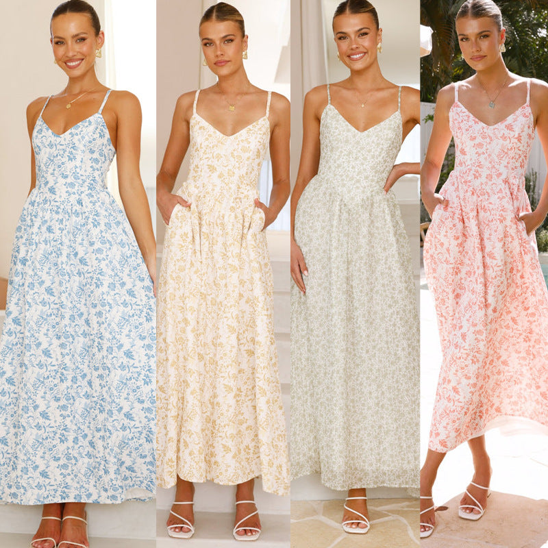 Damen Elegantes Maxikleid mit feinem floralen Muster und zarten Spaghettiträgern Drune