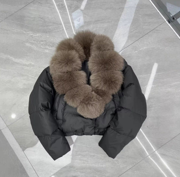 Damen nan kurz geschnittene Boxy-Pufferjacke mit extra großem Webpelzkragen und formstabilem Saum Drune
