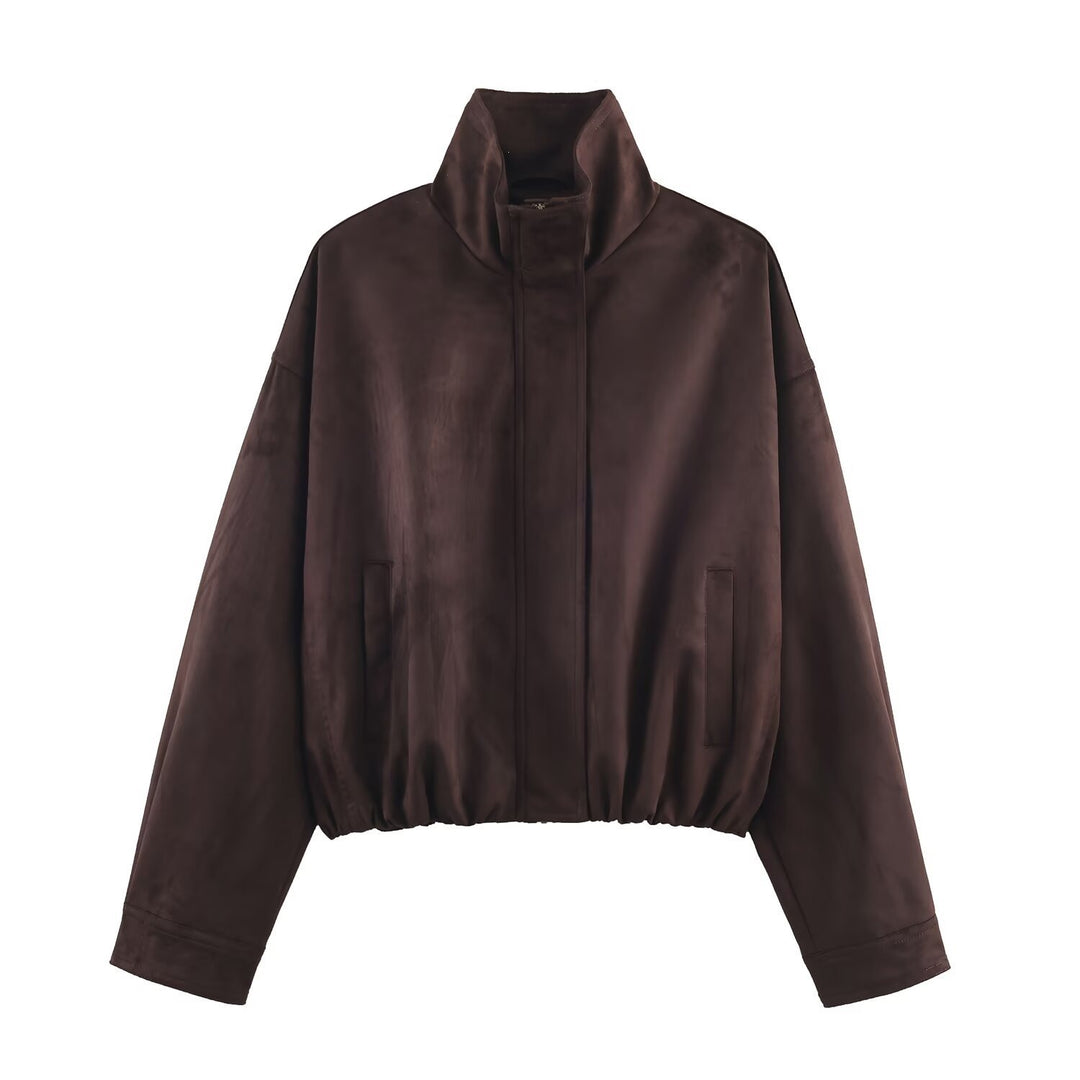 Damen Oversize Veloursjacke mit hohem Stehkragen und elastischem Saum Drune
