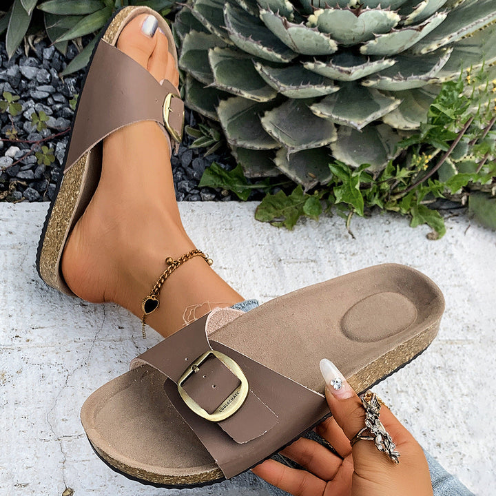Damen Komfortable Fußbett-Sandalen mit breitem Riemen und glänzender Schnalle Drune