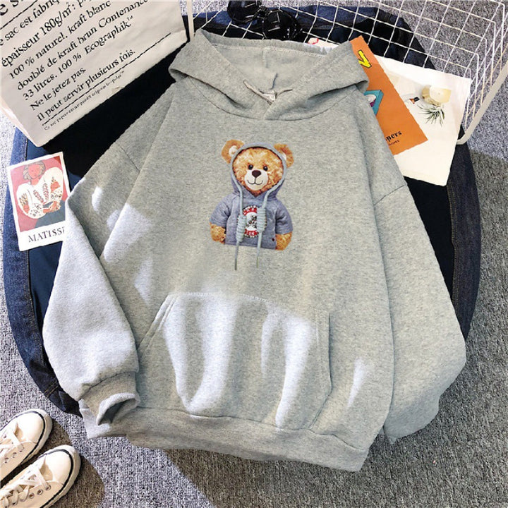 Unisex nan lässiger Oversize Kapuzenpullover mit Teddy-Frontprint, Kängurutasche und weichem Fleece-Innenfutter Drune