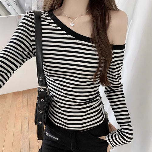 Damen Off-Shoulder Oberteil mit modischem Streifenmuster und figurbetontem Schnitt Drune