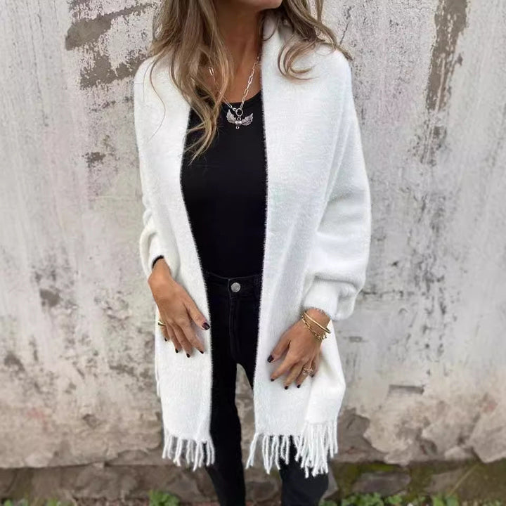 Damen Kuscheliger Strickponcho mit Fransen Drune