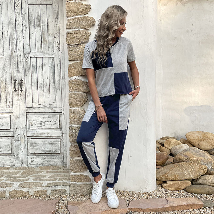 Damen Zweiteiler Freizeit-Set aus Baumwollmix mit Colorblock-Shirt und Jogginghose Drune