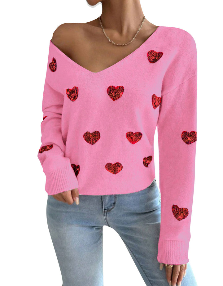 Damen Oversized Pullover mit tiefem V-Ausschnitt und Herzmotiv Drune