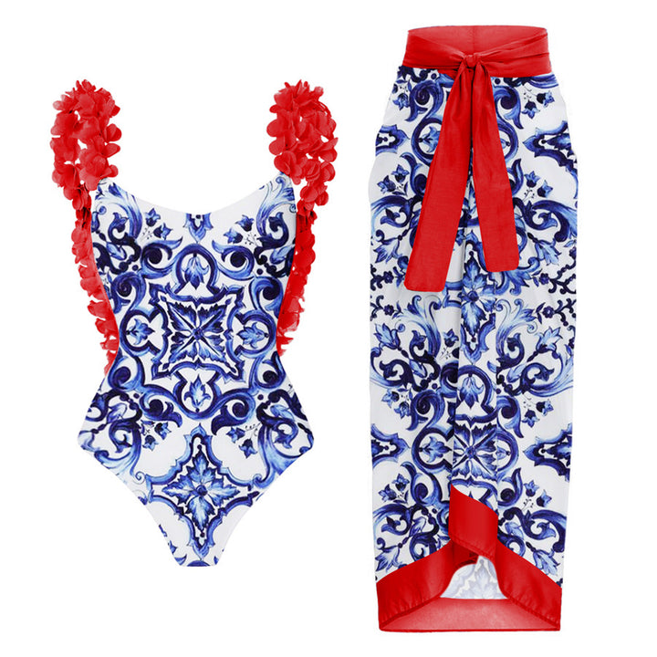 Damen eleganter Badeanzug mit Rüschendetails und passendem Maxirock Drune