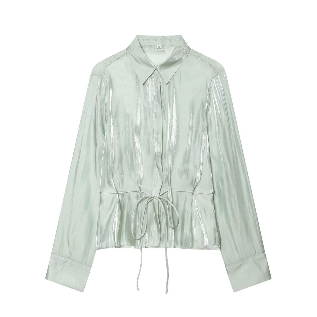 Damen schimmernde Bluse mit verstellbarem Taillenzug und elegantem Kragen Drune
