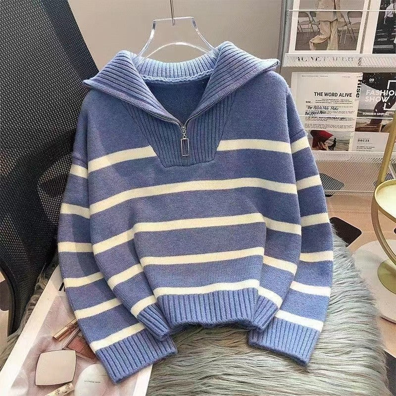 Damen Gestreifter Halb-Reißverschluss Strickpullover mit Rippenkragen Drune
