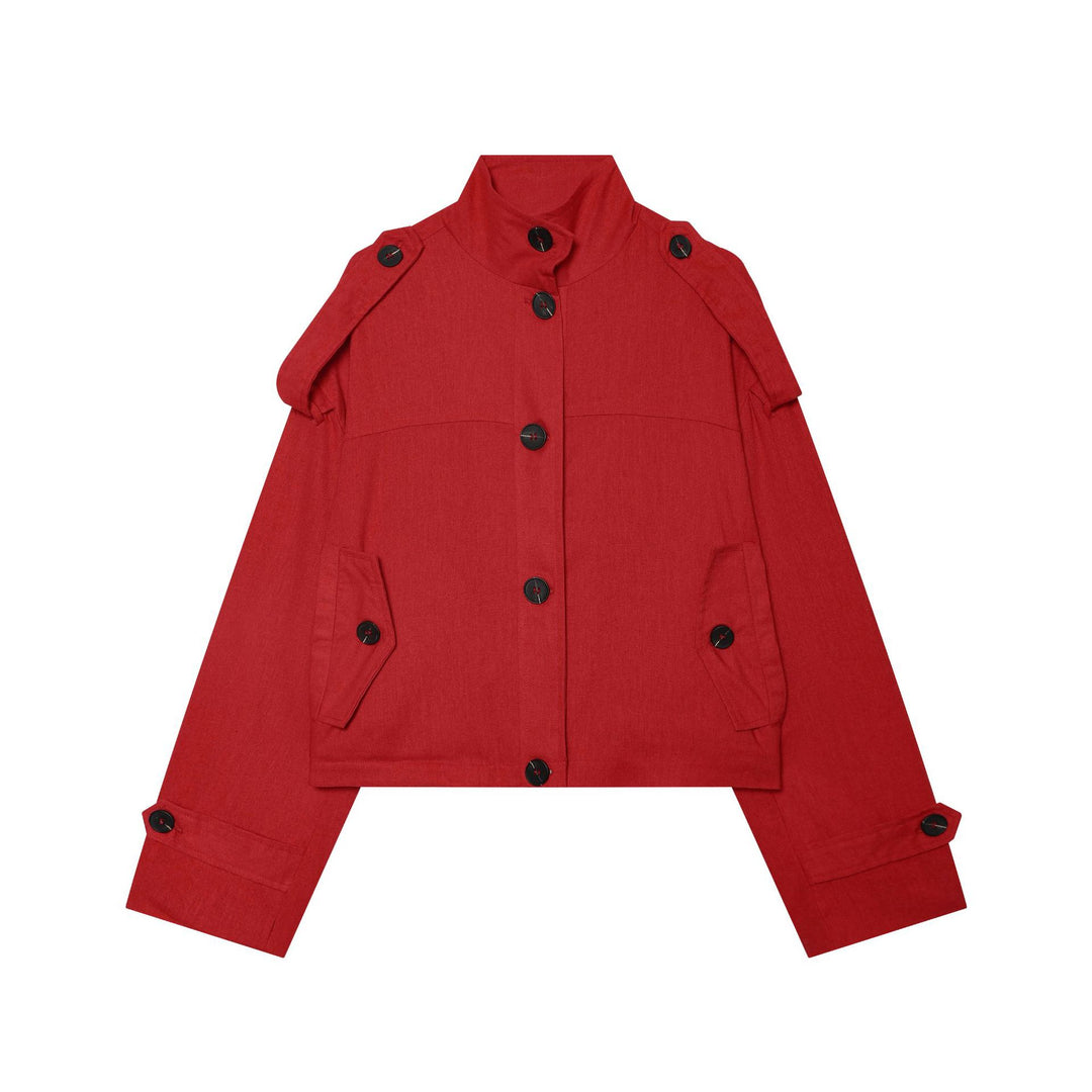 Damen Kurze Canvas-Übergangsjacke mit Funnelkragen, Schulterpatten und Pattentaschen Drune