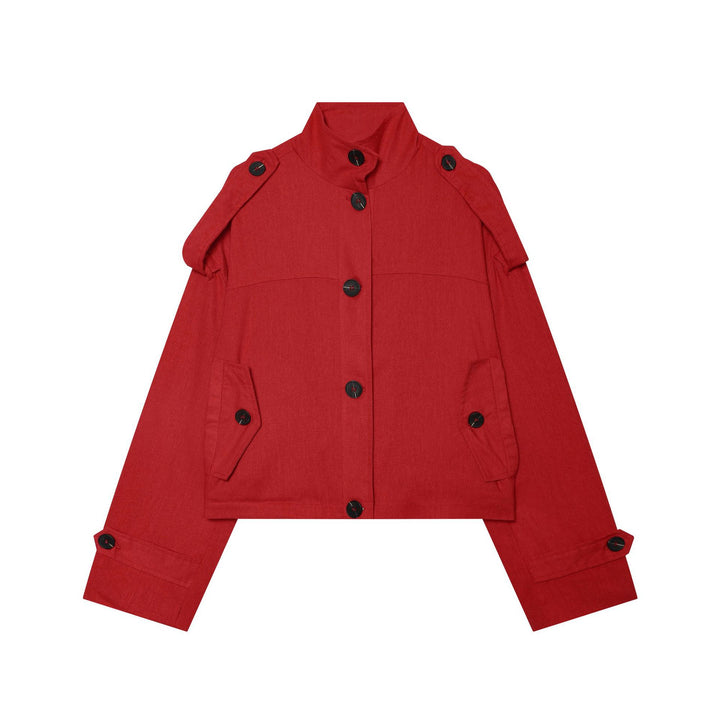 Damen Kurze Canvas-Übergangsjacke mit Funnelkragen, Schulterpatten und Pattentaschen Drune