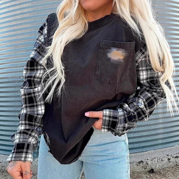 Damen nan Oversize-Sweatshirt im Materialmix mit Karoärmeln und aufgesetzter Brusttasche Drune