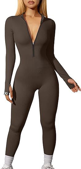 Damen nan figurbetonter Ripp-Jumpsuit mit hohem Halsausschnitt, langem Arm und sculptender Nahtführung Drune