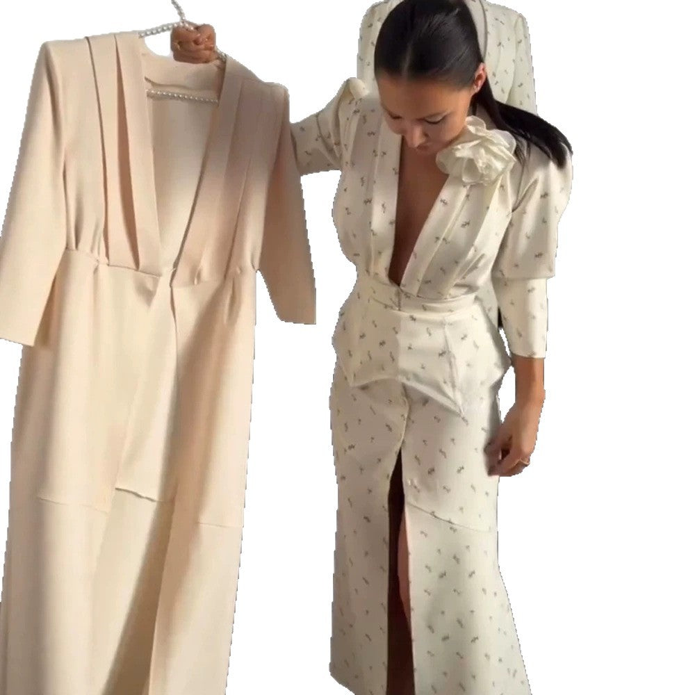 Damen tailliertes Hosenanzug‑Set mit tiefem V‑Ausschnitt, strukturierter Peplum‑Taille und feinem Blumenjacquard Drune