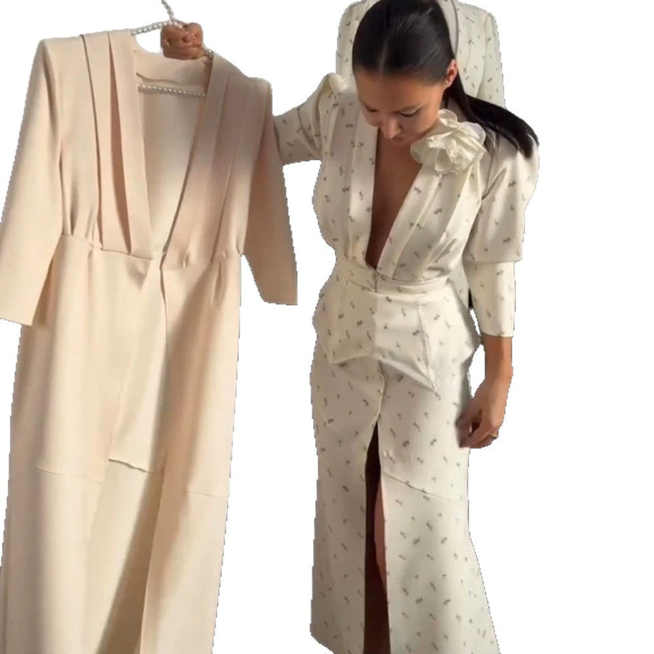 Damen tailliertes Hosenanzug‑Set mit tiefem V‑Ausschnitt, strukturierter Peplum‑Taille und feinem Blumenjacquard Drune