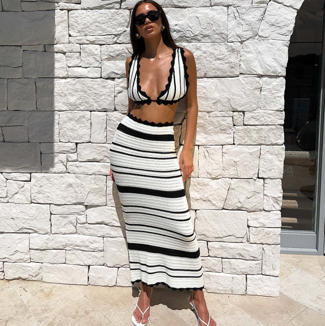 Damen gestricktes Crop-Top und Maxi-Rock Set Drune