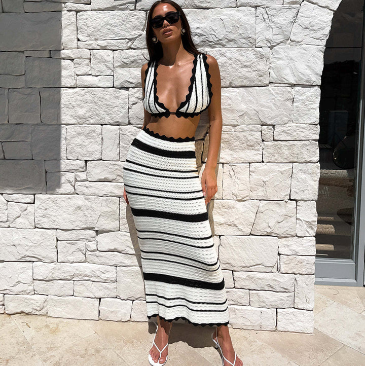 Damen gestricktes Crop-Top und Maxi-Rock Set Drune