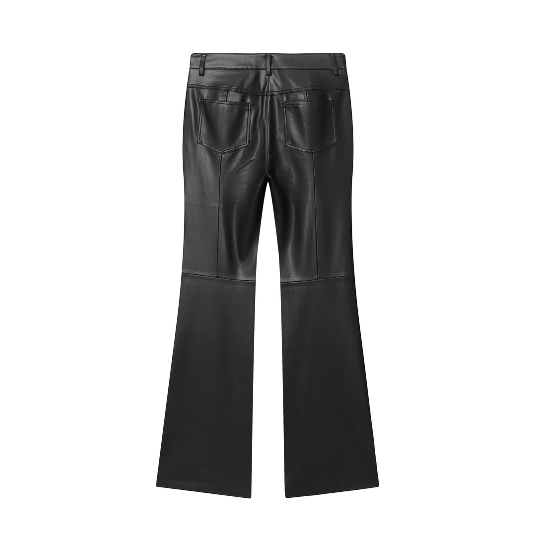 Damen nan weit geschnittene Kunstleder‑Flarehose mit Teilungsnähten und aufgesetzten Gesäßtaschen Drune