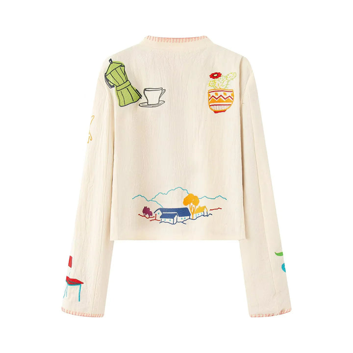 Damen nan artisanal bestickte Kurzjacke mit Rundhalsausschnitt, feinem Zierstich und leichtem Baumwollmix Drune
