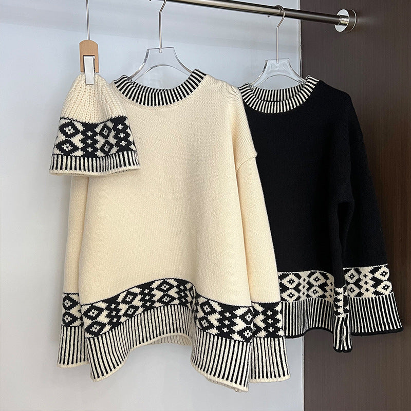 Damen modischer Strickpullover mit geometrischem Muster und Rundkragen Drune