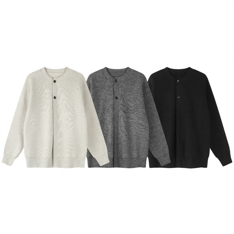 Unisex Boxiger Feinstrick-Cardigan mit Rundhals, Raglanärmeln und teilverdeckter Knopfleiste Drune