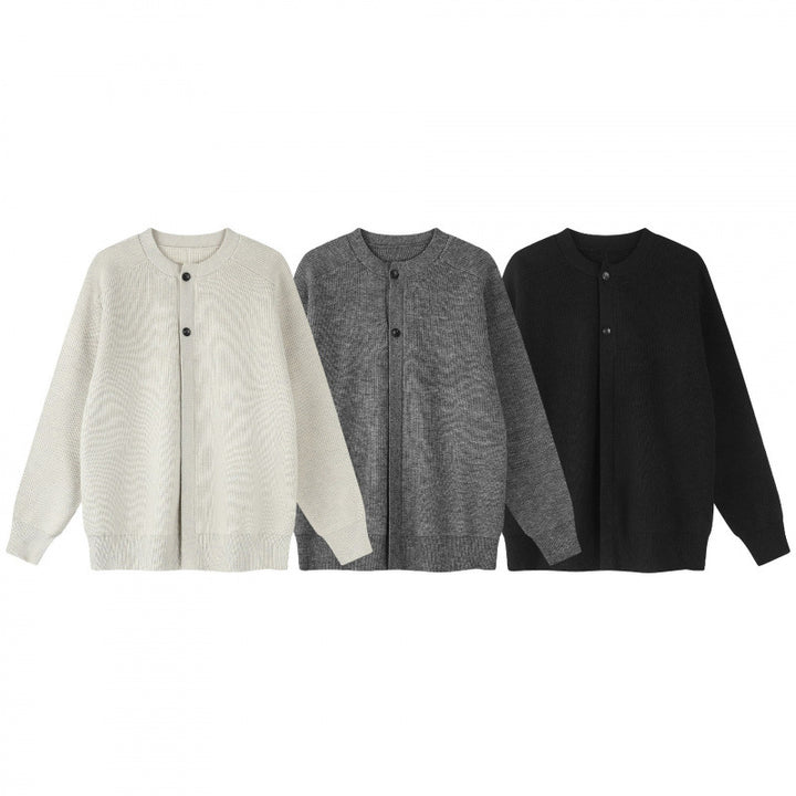 Unisex Boxiger Feinstrick-Cardigan mit Rundhals, Raglanärmeln und teilverdeckter Knopfleiste Drune