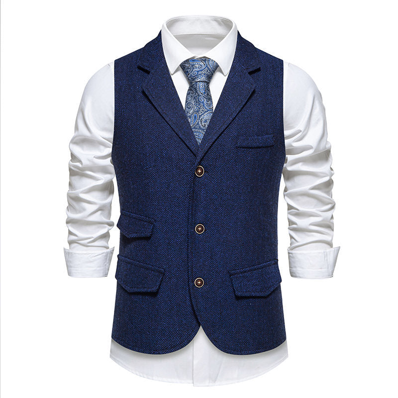 Herren Tweed-Weste mit Fischgrätstruktur, Reverskragen und Pattentaschen Drune