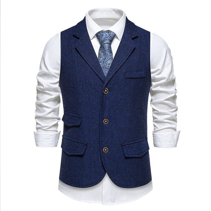 Herren Tweed-Weste mit Fischgrätstruktur, Reverskragen und Pattentaschen Drune