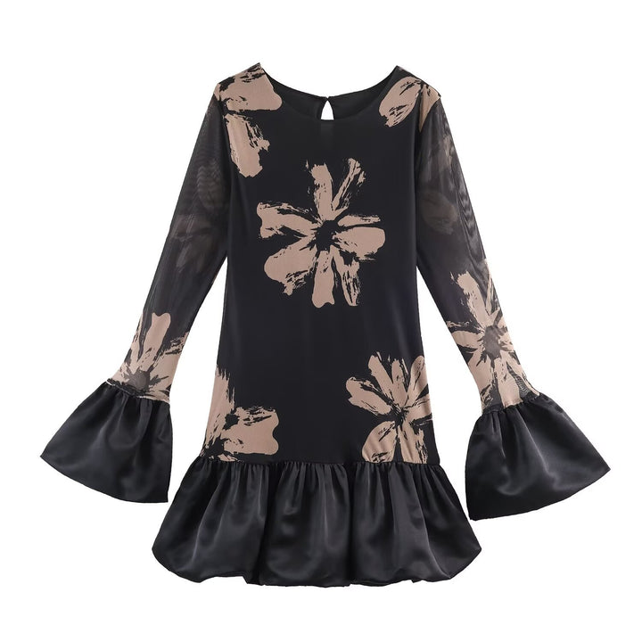 Damen Kurzes A-Linien-Kleid mit Blumenprint, transparenten Trompetenärmeln und Satinvolant Drune