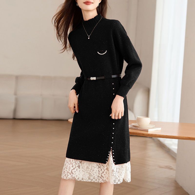 Damen Strickkleid mit modischen Perlendetails und elegantem Gürtel Drune
