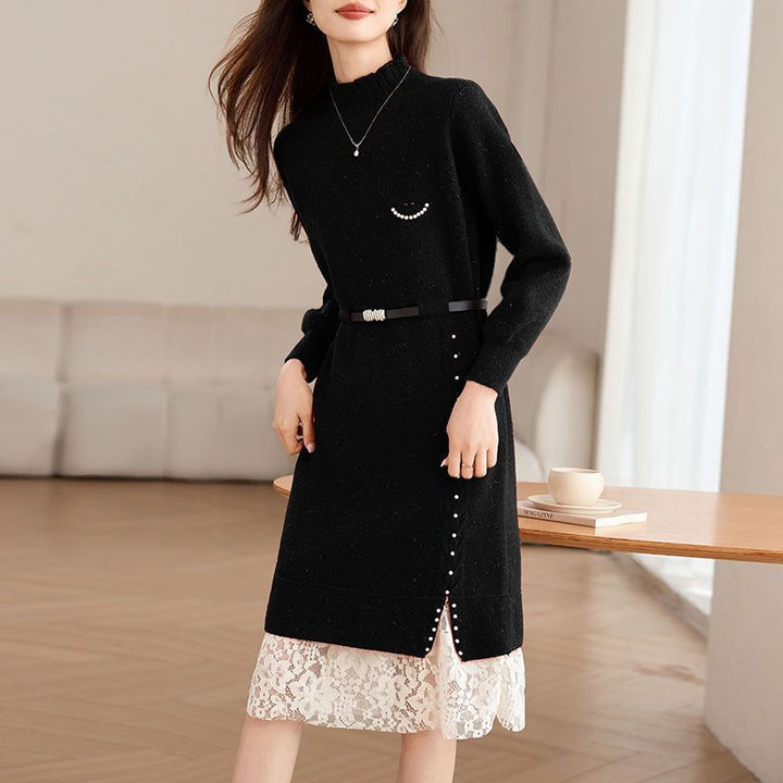 Damen Strickkleid mit modischen Perlendetails und elegantem Gürtel Drune