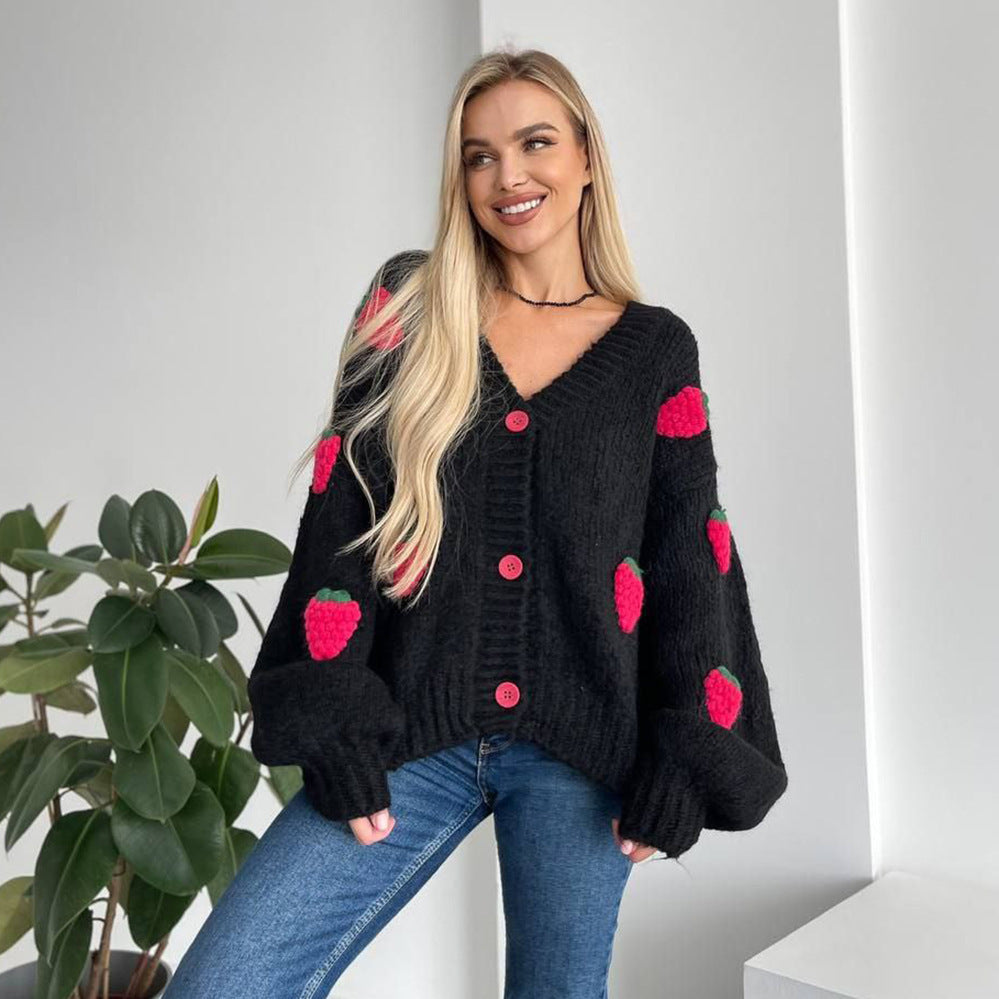 Damen Strickjacke mit verspieltem Erdbeermuster und weiten Ärmeln Drune