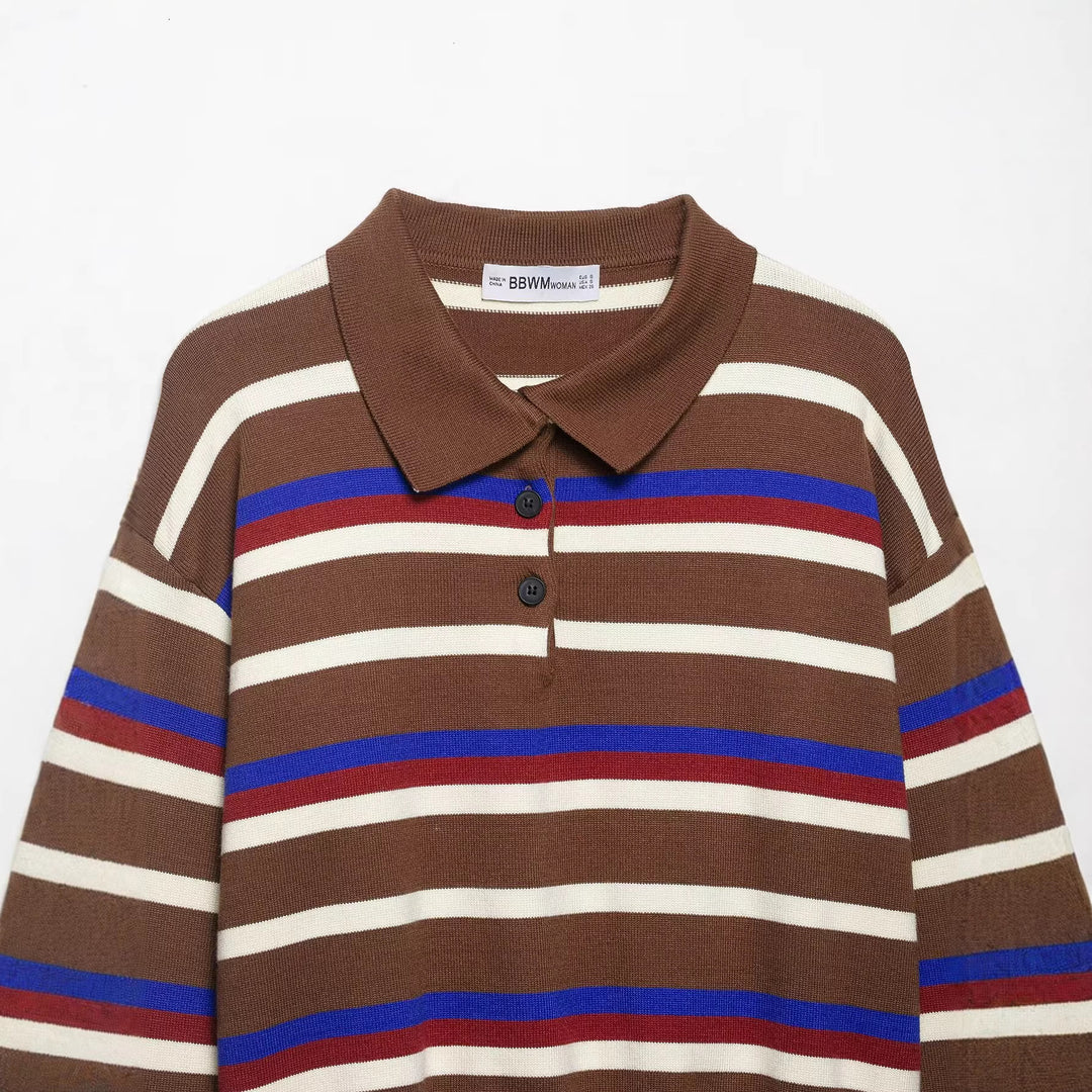 Damen Gestreifter Polokragen-Strickpullover im Boxy-Cropped-Schnitt Drune
