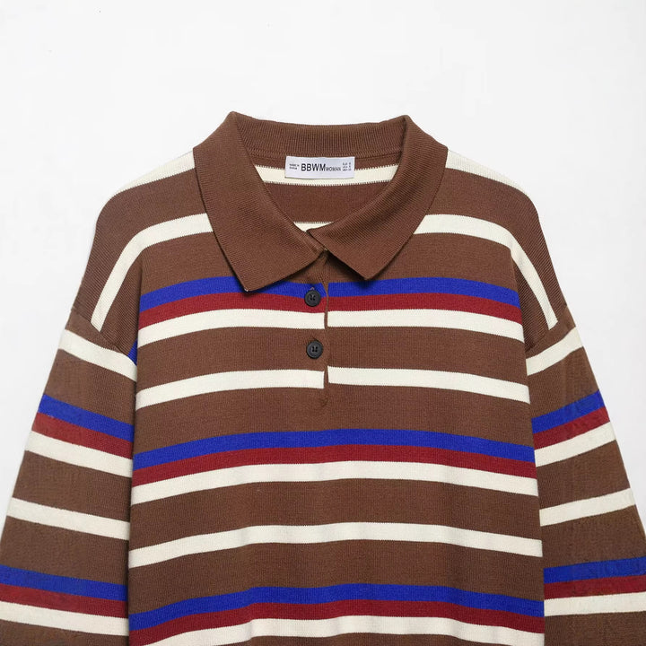 Damen Gestreifter Polokragen-Strickpullover im Boxy-Cropped-Schnitt Drune