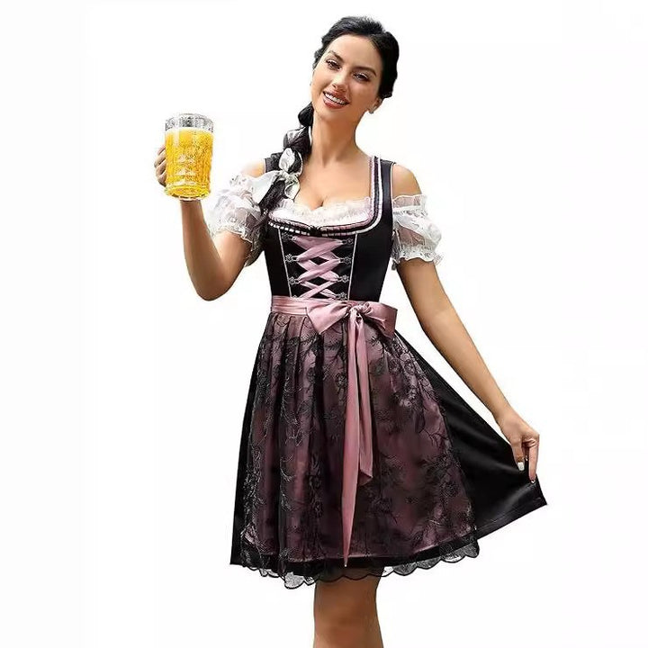 Damen nan traditionelles Dirndlkleid mit Schnürung, floraler Baumwollqualität und Schleifen-Schürze Drune